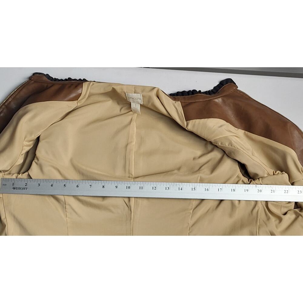 Chico's Size 1 (Reg. Med.) Tan Faux Leather Jacket Full Zip Lined Side Pockets - Picture 11 of 16